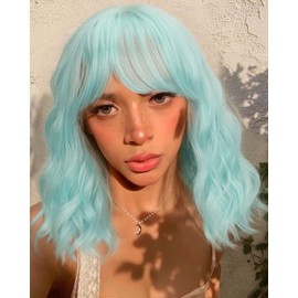 YYHR Natural Wavy Wig with Air Bangs - Light Green Short Bob Wig for Women and Girls