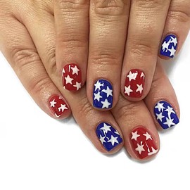 Independence Day Press on Nails Short Square - 4th of July Fake Nails with Five-Pointed Star Design Reusable Natural Stick on Nails Holiday Red Blue False Nails for Women Manicure Nail Decorations Set