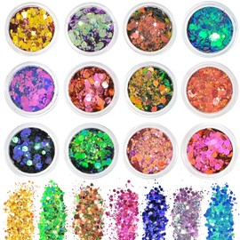 Chunky Glitter, 12 Colors Festival Glitter, Nail Glitter Powder, Holographic Cosmetic Glitter for Face Body Eye Hair Nail and DIY Art