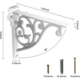 khtumeware 2 Pack 8 Inch Shelf Brackets, White Shelf Brackets,Metal Bracket for Shelves Ornate Heavy Duty Decorative Wall Brackets for Shelves (2, White)