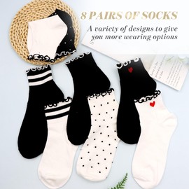 Soleeya 8 Pairs Frilly Ankle Socks Women Girls Cotton Cute Pattern UK 3-6, Breathable Short Crew Knit Ruffle Socks Women Ladies for School Casual, White & Black