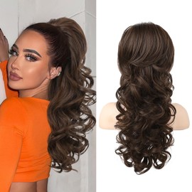 SEIKEA Ponytail Extension, 22" Long Wavy Curly Drawstring Ponytail Multi-layered Fluffy Thick Clip in Hair Extensions Ponytail Natural Soft Synthetic Hairpiece Dark Chocolate Brown