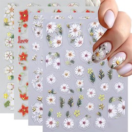 Nagelsticker Blumen Nail Art Sticker 3D Selbstklebend Nagelaufkleber Weiß Daisy Blume Frühling Sommer Blumen Dekoration Nageldesign Zubehör (4Blatt)