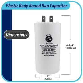 Appli Parts Run Capacitor for electric motors 60 Mfd uF (microfarads) 250VAC Plastic Case with terminals CBB60 Round Universal fit water pumps and others 4-1/4 in High 2 in Wide CON-60-250-P