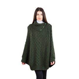 SAOL 100% Merino Wool Cowl Neck Button Poncho for Ladies (L-XL,Army Green)
