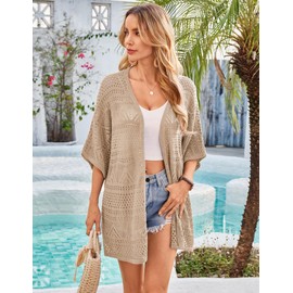 Light Weight Short Sleeve Summer Cardigan Loose Fit Open Front Crochet Knit Beige Kimono Cardigans Sweaters for Women M