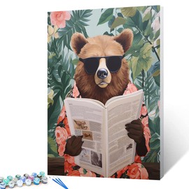 Bear Read Newspaper Oil Painting Paint by Number Kits 16 x 20 inch Canvas Abstract Tropical Botanical Green Leaves DIY Painting for Kids Adults Beginner with Brushes Acrylic Pigment(Without Frame)