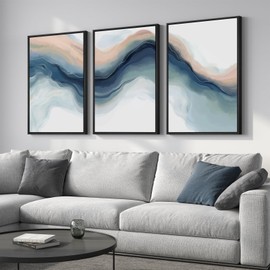 Large Framed Blue Abstract Landscape Wall Art for Living Room, 3 Piece Bright Pastel Canvas Prints Paintings, Modern Minimalist Artwork Watercolor Pictures for Bedroom, Hallway Wall Decor 24x36 In