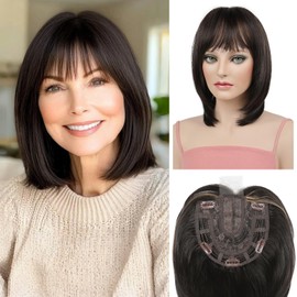 HOOJIH Hair Topper for Women with Thinning Hair 6.5x6.5 Inch Large Base Hair Topper with Bangs Handmade Invisiable Lace Front Hair Topper Wig Hair Pieces for Women - Dark Brown With Blonde Highlights