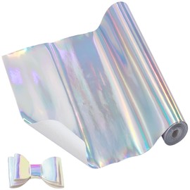 GORGECRAFT 8”x 47”Holographic Vinyl Fabric Silver Laser Faux Leather Sheets Rolls Metallic Mirrored Vinyl Crafts Fabric Iridescent Reflective Radium Film for Sewing Clothing Bags Headwear DIY Bow