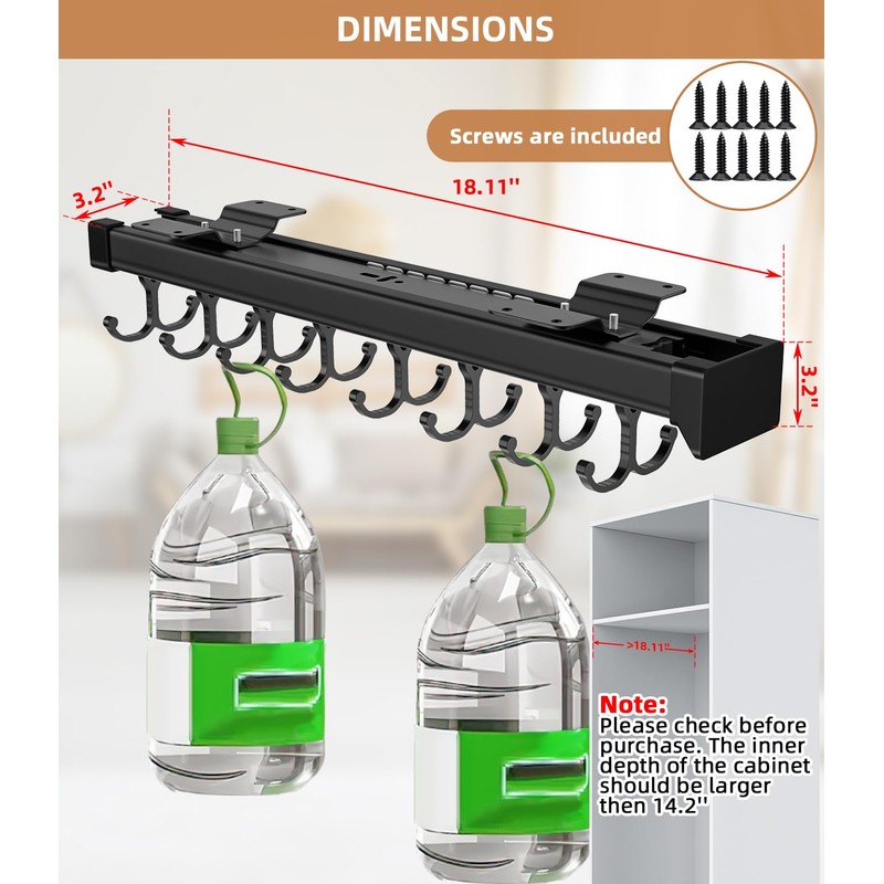 Pull Out Broom Holder With Adjustable Double Row Sliding Hook,