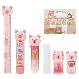 MOZXIRZ 7 Pcs Cute Capybara Stationery Set Cartoon School Supplies Kawaii Office Supplies Including Eraser Pencil Sharpener Ruler Correction Tape Memo Pads Glue (Capybara-2)