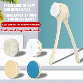 Electric Shower Brush, Electric Body Scrubber, Double Long Handle, deep Cleaning, IPX7 Waterproof, 4 Head, Rechargeable Body Scrubber (Milk Coffee)