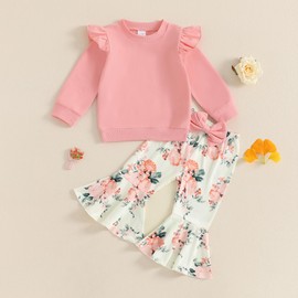 Geagodelia Toddler Baby Girl Fall Winter Outfits Long Sleeve Floral/Butterfly/Strawberry Print Sweatshirt Pullover with Elastic Waist Flared Pants Sets 2Pcs Clothes for Little Girls (Rose, 2-3 Years)