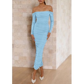 PRETTYGARDEN Womens 2025 Fall Long Sleeve Maxi Dress Off Shoulder Mesh Ruched Bodycon Trendy Long Wedding Guest Dresses (Light Blue,Small)