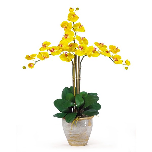 Nearly Natural 1017-GY Triple Phalaenopsis Silk Orchid Flower Arrangement, Yellow 12" x 12" x 35"