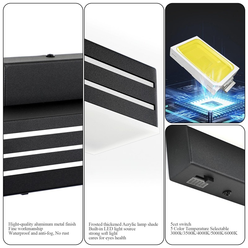 Ralbay Modern Black Bathroom Light Fixtures 5 Color Temperature Dimmable