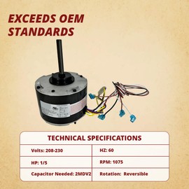 Rheem 51-23055-11 51-20681-01 PSC HVAC Condenser Blower Fan Motor Century & A.O. Smith ORM10206V1, 1/5 HP, 208-230V, 1075 RPM, OEM Caliber