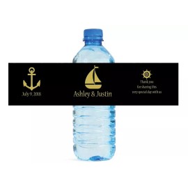 My Wonderful Labels Black & Gold Nautical Wedding Anniversary Engagement Party Water Bottle Labels
