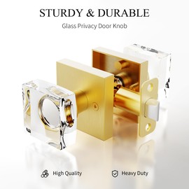 Gold Crystal Glass Door Knob - Satin Brass Square Modern Handle for Interior Passage, Hallway, Pantry, Closet