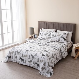 Great Bay Home Flannel Sheet Set Queen Size - 100% Turkish Cotton, Double-Brushed, Printed Bed Sheets - Ultra-Soft, Cozy, 4-Piece Bedding Set (Moose)