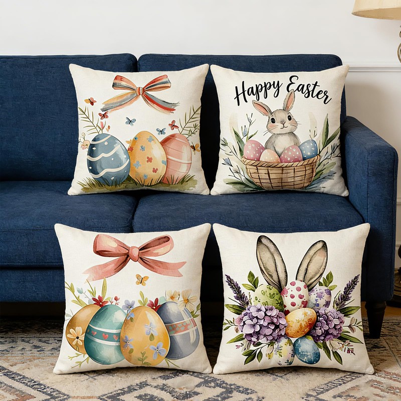 Ticacooler Easter Pillow Covers 18x18 Inch Set of 4, Bunny