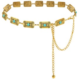 HIQUACC Women's Turquoise Concho Chain Belt Western Cowgirl Metal Chain Waist Belt Boho Waist Chain for Dress Jeans (C Gold-M)