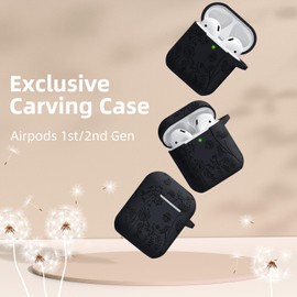 Lerobo for AirPod Case 2nd 1st Generation Case Cover, Flower Engraved Full Protective Case Compatible with Apple AirPod Charging Case with Keychain Soft Silicone Pattern Front LED Visible, Black