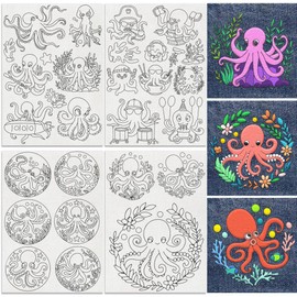 DOODLREAM 29Pcs Cute Octopus Water Soluble Hand Sewing Stabilizers, 21 x 29.7cm Sea Animal Embroidery Pattern Stabilizer, 4 Sheets Marine Creature Stick and Stitch Embroidery Paper Sticker