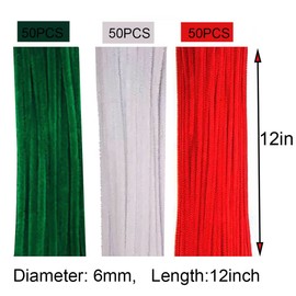 150Pcs Christmas Pipe Cleaners Craft Set Including 50Pcs Green Chenille Stems, 50Pcs White Chenille Stems, and 50Pcs Red Pipe Cleaners for DIY Crafts Christmas Decorations (150Pcs Red White Green)