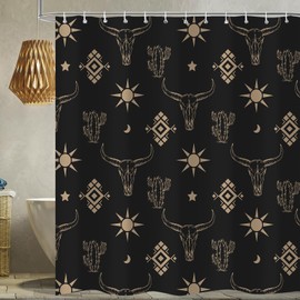 Emwnodti Western Cow Skull Shower Curtain, Black Gold West Boho Bohemian Cactus Shower Curtain fo Bathroom Set, Polyester Fabric Waterproof Bath Curtain