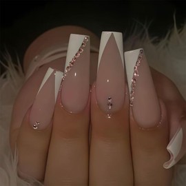 White French Tip Press on Nails Long Ballet Fake Nails with Glossy Flat Bottom Colored Diamond False Nails Full Cover Cute Colorful Rhinestones Artificial Nails for Nail Decorations 24 Pcs
