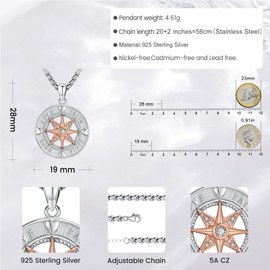 Eusense Compass Necklace 925 Sterling Silver Compass Pendant Chain Gifts for Father's Day Graduation Gift Jewellery for Men Women, Sterling Silver, No Gemstone