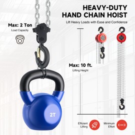 CREWORKS Hand Chain Hoist, 2 Ton 4400 lb Capacity 10 ft Manual Chain Hoist with G80 Load Chain & Galvanized Hand Chain, Heavy Duty Manual Lever Hoist for Construction Warehouse Automotive Factory