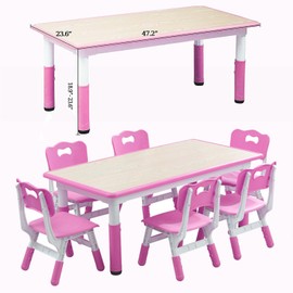 Garvee Kids Table and 6 Chair Set - Height Adjustable, Multifunctional Desk, Ergonomically Designed Chairs, Max 300lbs, for Ages 2-10, Classroom, Daycares, Home