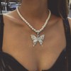 Chargances Silver Crystal Butterfly Choker Pearl Necklace for Women Boho