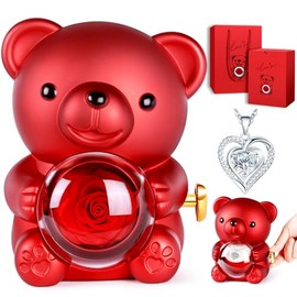 goldmiky Bear with Rose and Necklace - Stabilized Rose Bear, Eternal Rose Bear Gift Box with Heart Necklace for Women Valentine's Day, Christmas, Mother's Day, Birthday