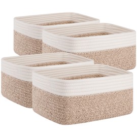 OIAHOMY 4 Pack Storage Baskets for Organizing, Small Bins for Shelves, Cute Decorative Storage Bins, Organizer Baskets for Gifts Empty, 13.8''Lx9.8''Wx5.5''H, Brown/White