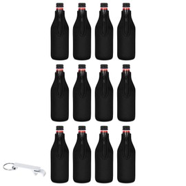 12 Pack Beer Bottle Cooler Sleeves Keep Drink Cold Zip-up Extra Thick Neoprene Insulated Sleeve Cover with Bottle Opener（12 Pack, Black)
