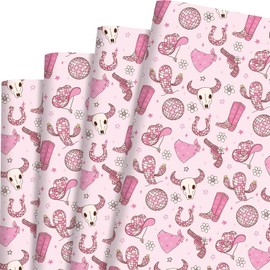 Sanixin 12 Sheets Western Cowgirl Wrapping Paper Pink Boots Hats Cactus Disco Ball Art Craft Paper for DIY Crafts Gift Wrapping Disco Cowgirl Party Decor,20" x 28"
