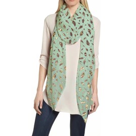 Lina & Lily Metallic Gold Silver Foil Feather Women's Scarf Shawl Wrap Lightweight (Mint Green-Gold)