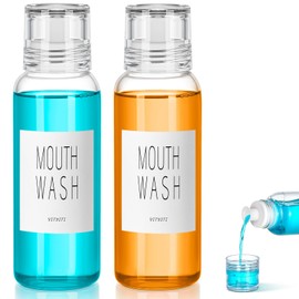 VITVITI Glass Mouthwash Dispenser for Bathroom, 10 OZ Mouth Wash Container Bottle with Lid Cup, Countertop Small Clear Refillable Mouthwash Dispensers Decanter, Set of 2 (White)