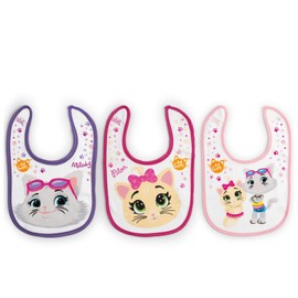 LULABI 44 GATTI GIRL - Set of 3 Baby Bibs, 100% Soft Cotton with "44 Cats" Print, Bib Pack, Velcro, Hypoallergenic, Reusable, Unisex, 19 x 17 cm - Colourful