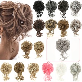 MICMART Synthetic Hairpieces Long Curly Hair Bun Scrunchies Natural Hair Extensions with Elastic Rubber Band Chignon Ponytail Donut for Women Girls Wavy Fluffy Tousled Updo Hair Pieces (Tousled Updo