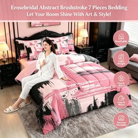Erosebridal 7 Pieces Pink and Black Abstract Comforter Set Queen Black and Pink Comforter Set for Kids Girls Women Geometric Modern Art Bedding Set for Boys Teens Adults Girly Fashion Bed in A Bag
