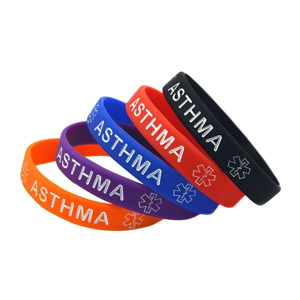 5 Pack Asthma Silicone Medical Alert Emergency Bracelet Wristbands (Asthma)