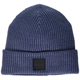 BOSS Men's Square Logo Cotton Ribbed Beanie, Black Berry Blue, One Size