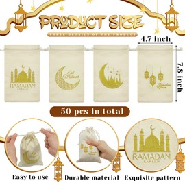 Photect Ramadan Burlap Bags Eid Mubarak Linen Drawstring Gift Goody Bags Islamic Gifts Small Drawstring Pouch for Muslim Eid Mubarak Party Decorations, 4.7 x 7.8 Inch