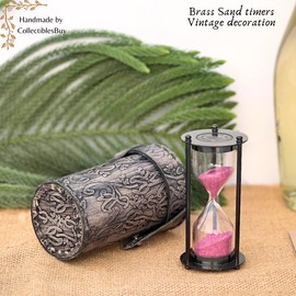 Antique Hourglass with Engraving Grey Leather Case Table Shelf & Home Decor Vintage Brass Tabletop Sand Timers Classic Decor Office Desk Portable