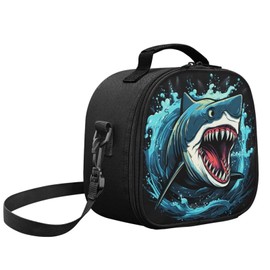 SEANATIVE Cartoon Shark Print Lunch Bag Insulated Lunch Box for Kids Boys Middle School with Zipper Pocket Soft Lunch Bag Shoulder Bag